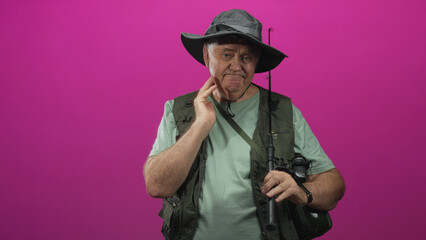 Fototapeta premium Man holding fishing rod with hand on neck for neckache, wearing fishing vest and hat in studio; resilience fatigue.