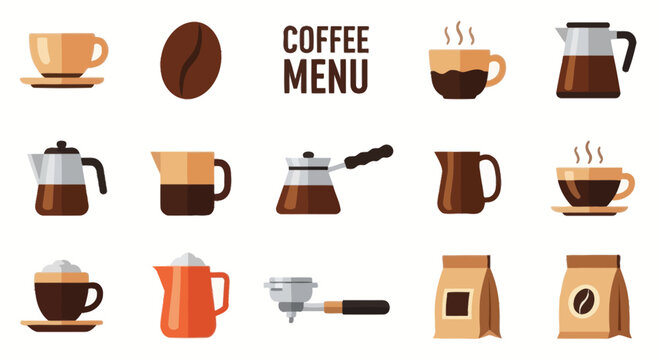 Coffee Icons: Cups, Pots, Beans, Bags, and Menu Elements Flat Design