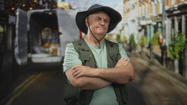 Senior fisherman with crossed forearms wearing wide brim hat and utility vest on a street beside an open delivery van; resilience solitude.