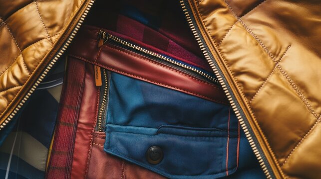 Close-up of Multicolored Layered Jackets with Zipper Details