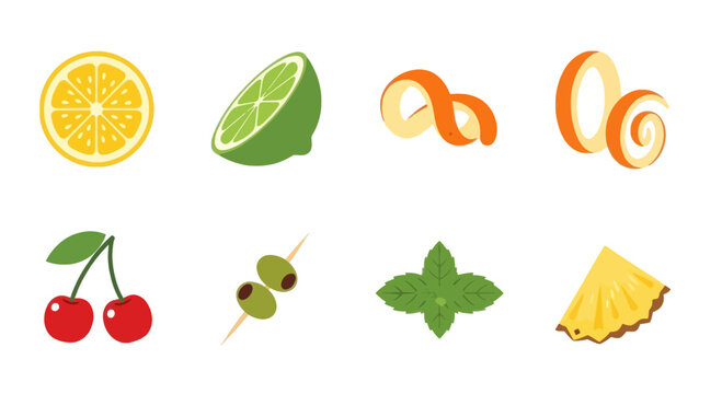Fruit, Herbs, Olives, and Orange Peel Cocktail Garnish Icons