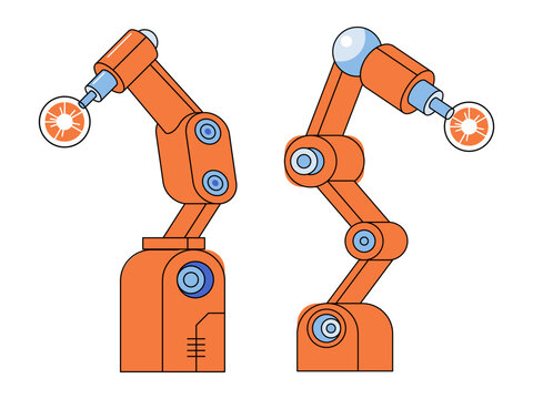 Orange industrial robotic arms vector illustration. Smart manufacturing, automated production, future technology, engineering, factory robotics, precision assembly. Mechanical manipulators