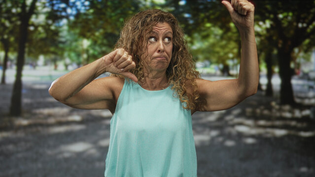 Middleaged woman holding thumbs down and thumbs up with bare forearms on a forest path under trees; indecision.