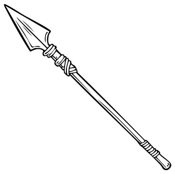 Cartoon illustration of a spear with detailed winding and a sharp head in black and white