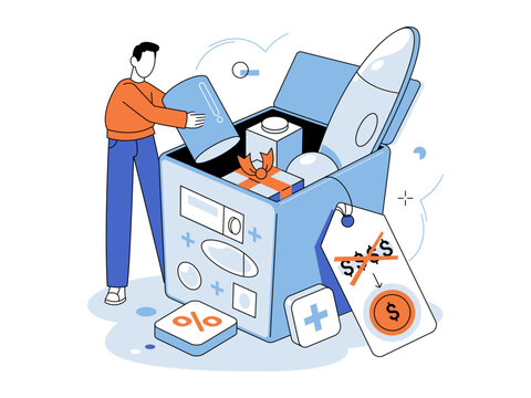 Man packing various items into a large blue box vector illustration. Product bundling, startup launch, marketing offer, ecommerce sale, business growth, value pack. Male filling container