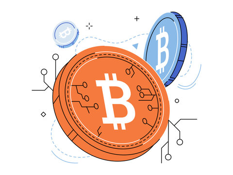Bitcoin coins with circuit patterns vector illustration. Blockchain technology, digital finance, crypto trading, fintech innovation, virtual currency, electronic payment. Decentralized money token