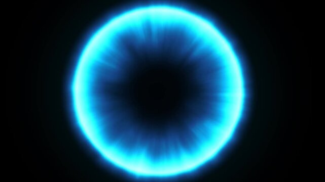 Energy ball explosion with glowing particles, blue firework rays, plasma ring burst, mystical portal vortex, galaxy stars and dramatic light beam effects on black background, seamless loop 4k