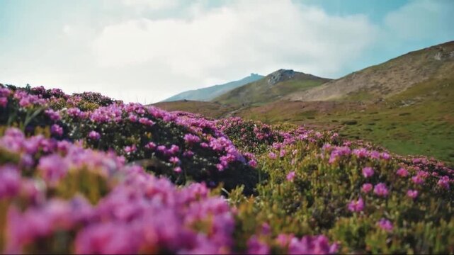 4K scenic mountain landscape with blooming pink flowers under a bright sky.