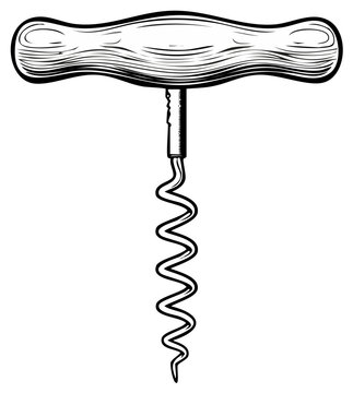 Classic t-shaped corkscrew with spiral metal worm for opening wine bottles with vintage engraving style
