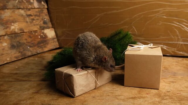 Brown  gray rat and cardboard boxes.