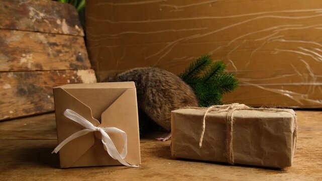 Brown  gray rat and cardboard boxes.