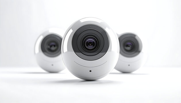 Three futuristic spherical cameras with wide-angle lenses, security surveillance, technology concept, modern surveillance equipment