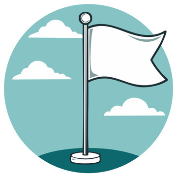 Illustrated flag on pole blowing in the wind with cloud formations in a circular design.
