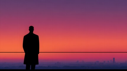 Fototapeta premium A bodyguard watches the city from a balcony as the sun sets behind buildings