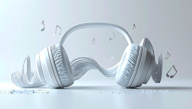 White headphones with sound waves and musical notes exploding outwards, abstract audio concept, digital music visualization