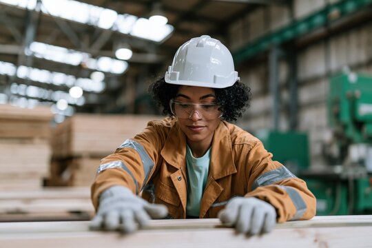 Young female factory worker measuring lumber in warehouse
