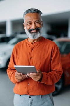 Elderly man standing while holding tablet inside dealership