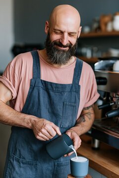 Smiling bearded barista pouring milk into cup at coffee counter
