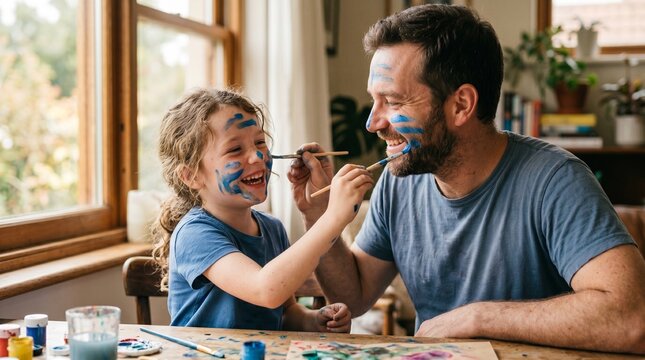 Joyful father and child painting faces with blue paint indoors having fun together during a creative art activity
