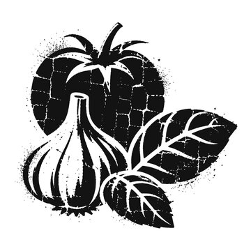 Black and white illustration of onion with leaves and pineapple on white background for food or vegan related concepts