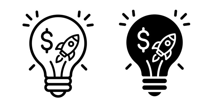 Two business startup silhouette icons, one outline and one solid black style, depicting a rocket launch with dollar sign for financial growth.