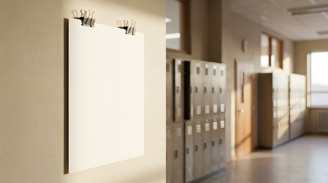 Blank white paper poster hanging on classroom wall with locker corridor.