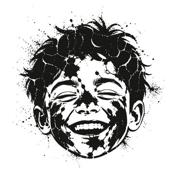 A joyful smiling boy with a dirty face and messy hair on white background with black paint splatters all over