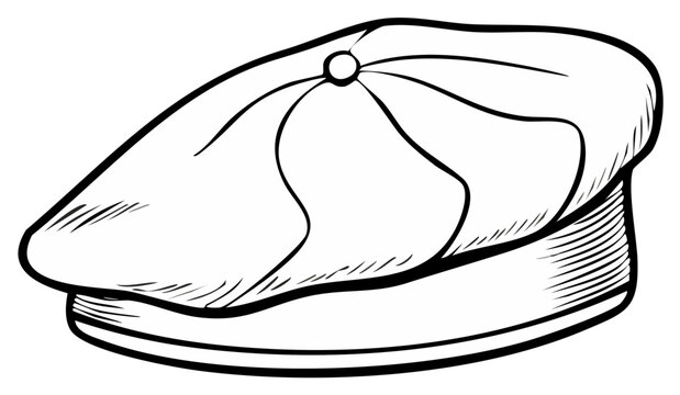 Hand drawn vintage flat cap sketch. Retro monochrome headwear accessory line art illustration.
