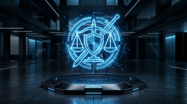 Illuminated digital icon representing the future of law, embodying impartial justice and the role of a judge in a technologically advanced legal system
