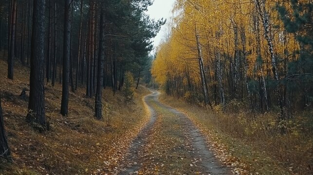 Autumnal Forest Path: A Serene Walk Through Golden Leaves