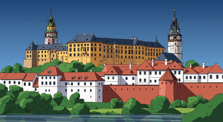 Obraz premium A vector illustration of medieval castle and town landscape by river with tall spires