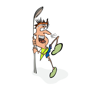 Panicked jogger leaning on a street lamp, scared by danger on the road, out of breath runner clinging to a pole, funny fitness vector illustration
