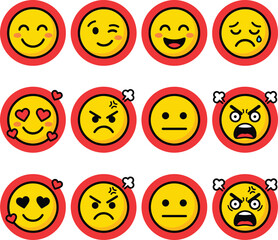 Fototapeta premium Set of twelve yellow emoji faces showing various emotions and expressions on red circular backgrounds