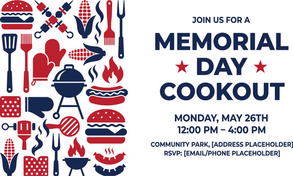 Memorial Day cookout invitation features various barbecue icons and event details on a white background.