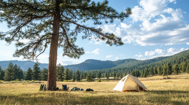 Serene Camping in Mountain Meadow: A picturesque campsite nestled amidst towering pines and a tranquil landscape under a sunny sky.