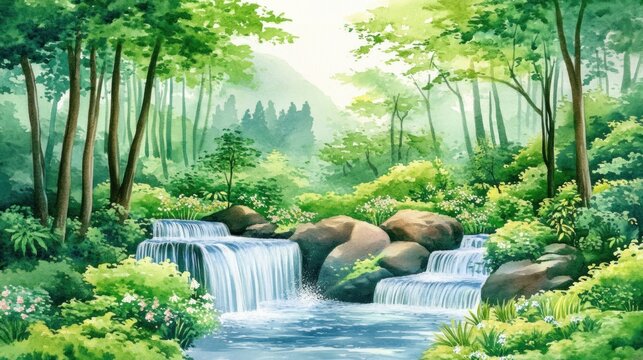 Serene Waterfall in Lush Green Forest: A Watercolor Painting