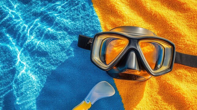 Summer Dive Gear on Beach Towel: Snorkeling Mask and Snorkel Ready for Ocean Adventure