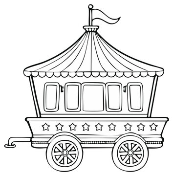 Line art of a vintage circus wagon with a tent and stars. Wagon is in profile with a flag. Outline illustration.