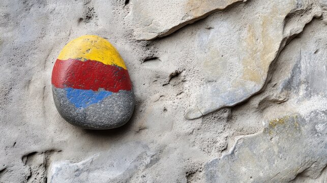 Painted Pebble on a Stone Wall: A Vibrant Contrast of Color and Texture