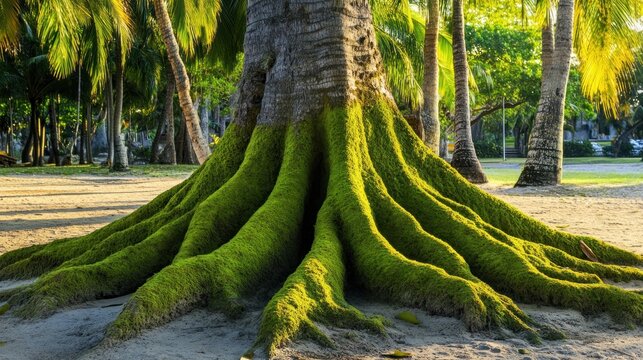 Majestic Mossy Tree Roots in Tropical Paradise