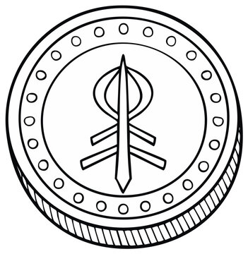 Black and white outline drawing of a round coin featuring an early Christian Chi Rho symbol and border
