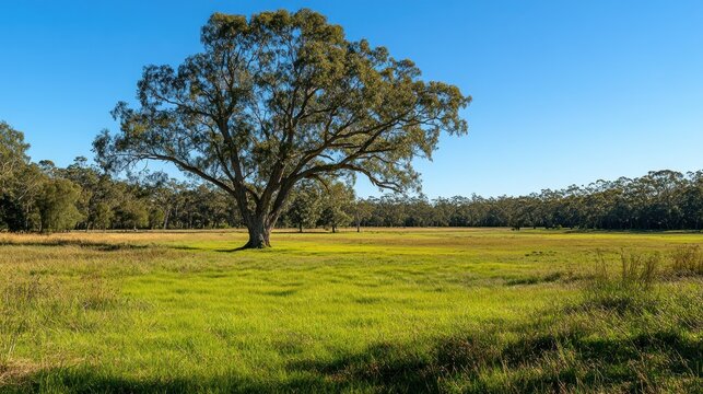 Serene Meadow Landscape: A Solitary Tree Under a Vast Blue Sky