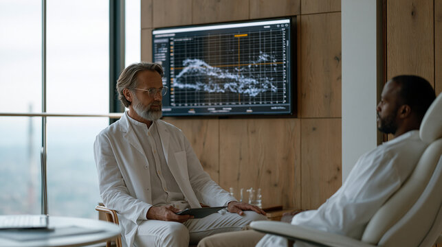 Urban pulmonologist reviewing digital lung function data on wall-mounted display with male patient in examination chair, air quality health assessment clinic interior, industrial haze visible throug