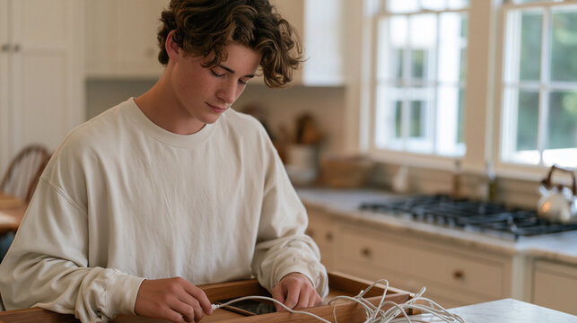 Teen unplugs charging cable and places phone in kitchen drawer before dinner, digital detox family agreement, screen time boundary success moment, phone addiction recovery behavior, parenting teens 