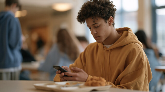 Teenage boy sits alone in school cafeteria scrolling endlessly on phone while lunch tray goes untouched, peers blurred in background, digital isolation, teen social media dependency, adolescent disc