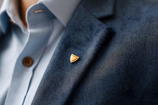 A lapel pin is displayed on a suit jacket, indicating a professional appearance