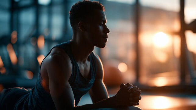 Cinematic side view silhouette of a figure performing sit ups in a bright softly defocused sunny gym sit up training faceless silhouette sunny gym daylight workspace gentle