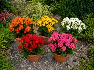 Naklejka premium Macetas con flores de kalanchoe de diferentes colores.