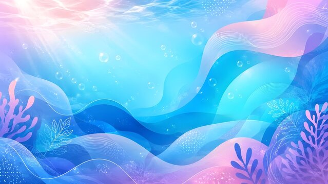 Fondo decorativo de tonos azules  y rosados representando el fondo del mar y la luz del sol sobre la superficie del agua. Con algas y corales. Espacio negativo para texto
