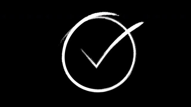 Hand-drawn checkmark in circle animation, white chalk style on black background tick
